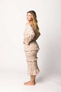 Fashion Worth Collective Lila Floral Printed Smocked Midi Dress in Pink - Bump Friendly