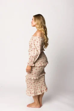 Fashion Worth Collective Lila Floral Printed Smocked Midi Dress in Pink - Bump Friendly