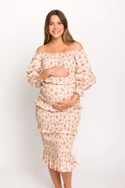 Fashion Worth Collective Lila Floral Printed Smocked Midi Dress in Pink - Bump Friendly