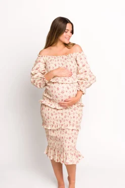 Fashion Worth Collective Lila Floral Printed Smocked Midi Dress in Pink - Bump Friendly