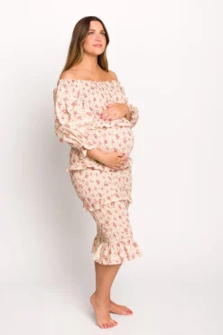 Fashion Worth Collective Lila Floral Printed Smocked Midi Dress in Pink - Bump Friendly