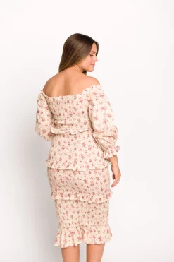 Fashion Worth Collective Lila Floral Printed Smocked Midi Dress in Pink - Bump Friendly