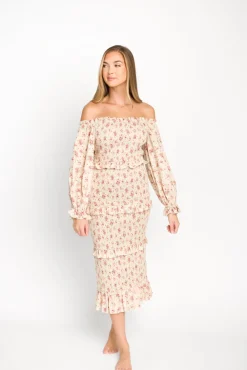 Fashion Worth Collective Lila Floral Printed Smocked Midi Dress in Pink - Bump Friendly