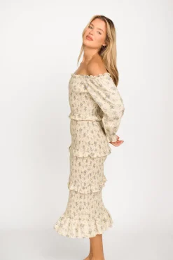Clearance Worth Collective Lila Floral Printed Smocked Midi Dress in Blue - Bump Friendly