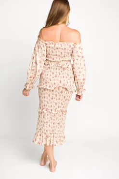 Fashion Worth Collective Lila Floral Printed Smocked Midi Dress in Pink - Bump Friendly