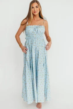 Hot Worth Collective Lila Ruched Floral Maxi Dress in Powder Blue