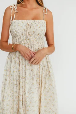 Fashion Worth Collective Lila Ruched Floral Maxi Dress in Vintage Cream