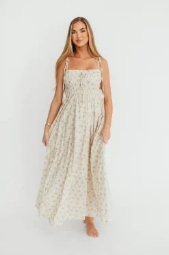 Fashion Worth Collective Lila Ruched Floral Maxi Dress in Vintage Cream