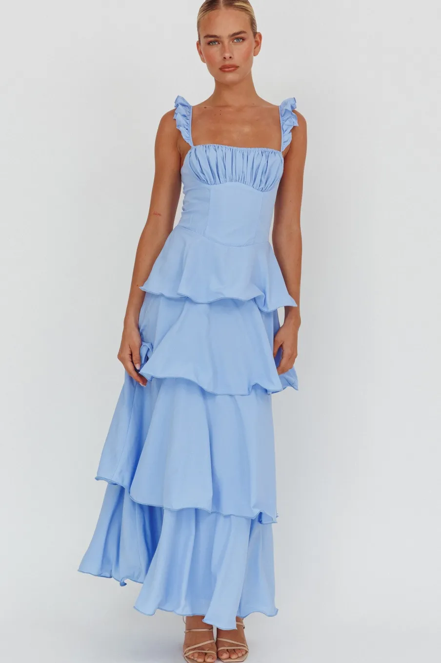 Best Worth Collective Lily Ruffle Strap Tiered Maxi Dress in Baby Blue