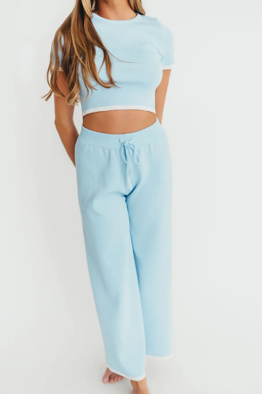 Discount Worth Collective Lindsay Cropped Top and Pants Set in Light Blue