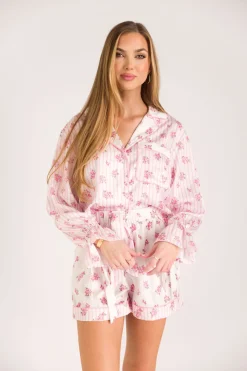 Hot Worth Collective Lottie Satin Pajama Set in White/Pink Floral and Stripes