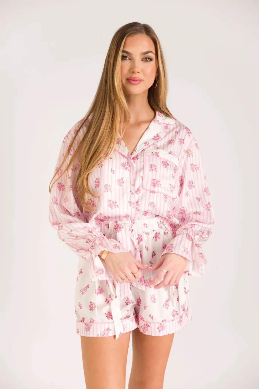 Hot Worth Collective Lottie Satin Pajama Set in White/Pink Floral and Stripes