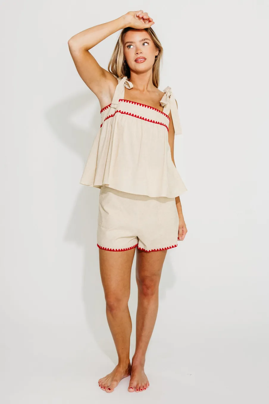 Hot Worth Collective Lucille Tie Sleeve Top and Shorts Set in Oatmeal/Red