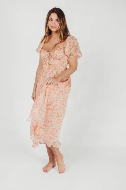 Clearance Worth Collective Lunaria Pleated Bustier Midi Dress in Orange Floral