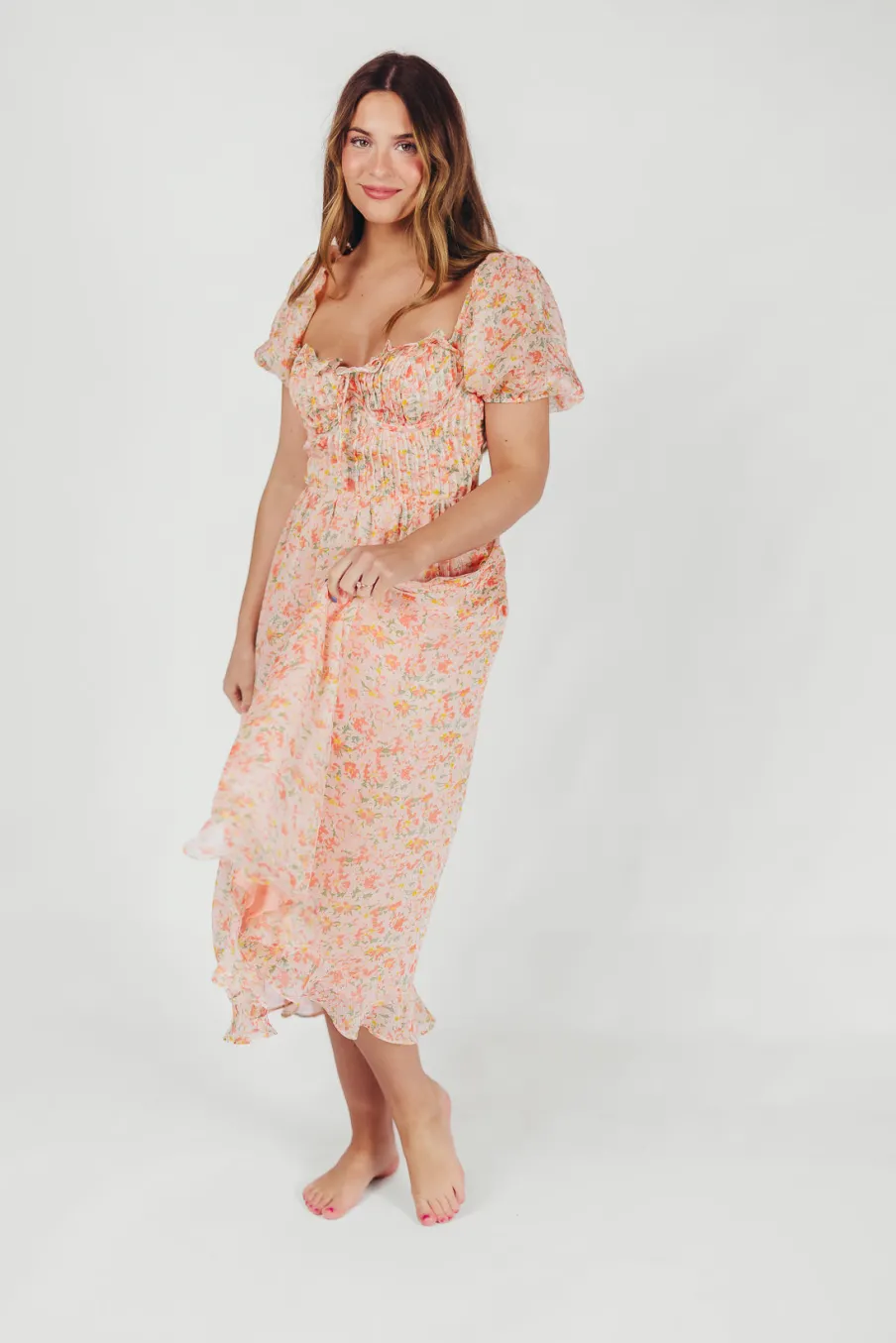 Clearance Worth Collective Lunaria Pleated Bustier Midi Dress in Orange Floral