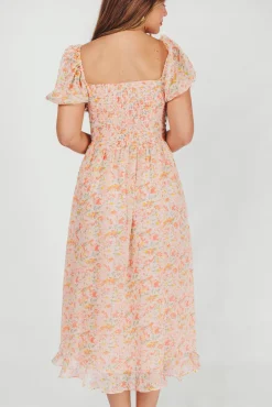 Clearance Worth Collective Lunaria Pleated Bustier Midi Dress in Orange Floral