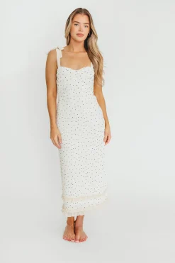 New Worth Collective Maddie Tie Strap Ruffled Midi Dress in Ivory