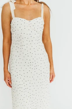 New Worth Collective Maddie Tie Strap Ruffled Midi Dress in Ivory