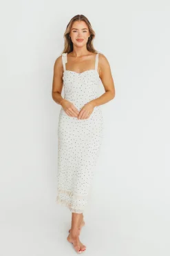 New Worth Collective Maddie Tie Strap Ruffled Midi Dress in Ivory