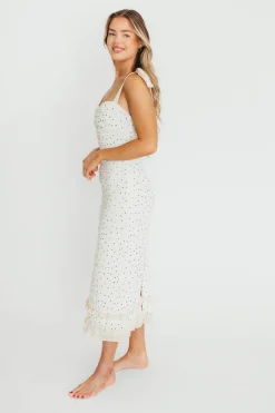 New Worth Collective Maddie Tie Strap Ruffled Midi Dress in Ivory
