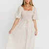 Fashion Worth Collective Maeve 100% Cotton Puff Sleeve Midi Dress in Dainty Pink Floral