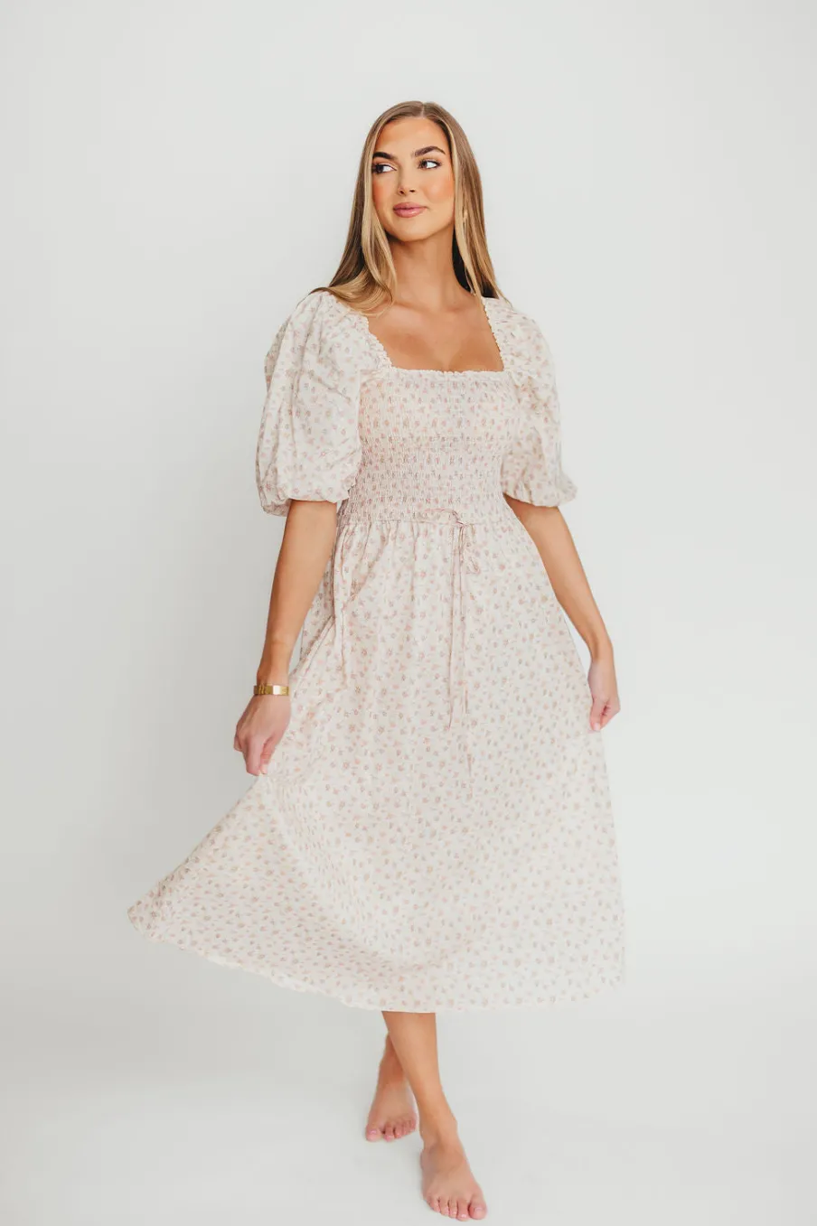 Fashion Worth Collective Maeve 100% Cotton Puff Sleeve Midi Dress in Dainty Pink Floral