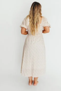 Fashion Worth Collective Maeve 100% Cotton Puff Sleeve Midi Dress in Dainty Pink Floral