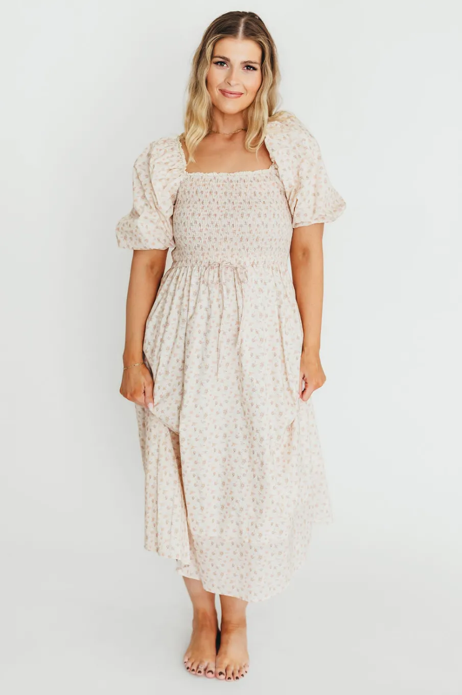 Fashion Worth Collective Maeve 100% Cotton Puff Sleeve Midi Dress in Dainty Pink Floral