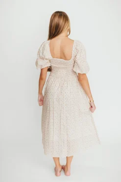 Fashion Worth Collective Maeve 100% Cotton Puff Sleeve Midi Dress in Dainty Pink Floral