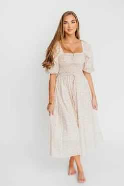 Fashion Worth Collective Maeve 100% Cotton Puff Sleeve Midi Dress in Dainty Pink Floral