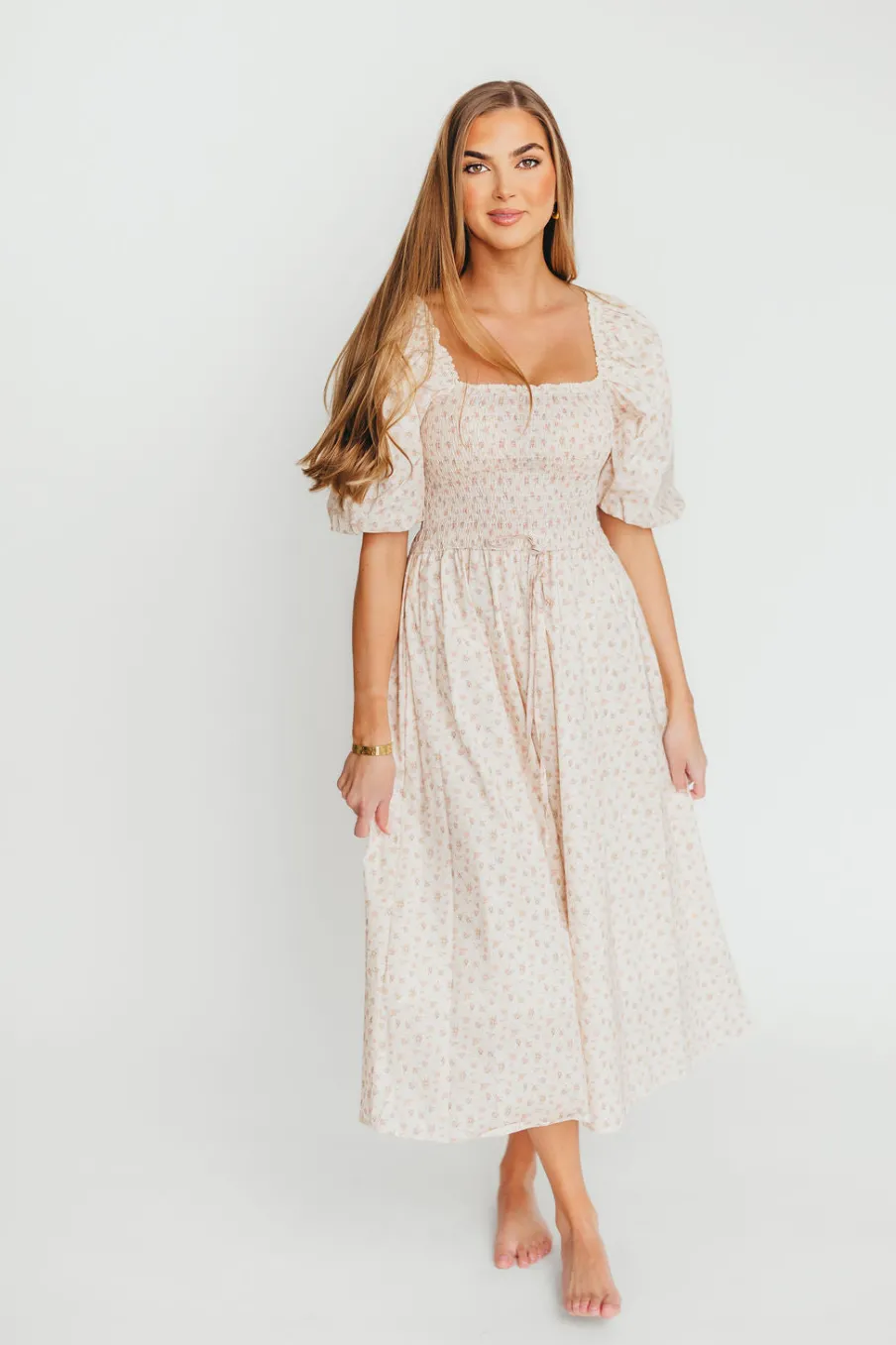 Fashion Worth Collective Maeve 100% Cotton Puff Sleeve Midi Dress in Dainty Pink Floral