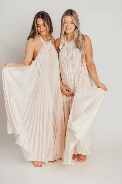 Clearance Worth Collective Maren Pleated Halter Maxi Dress in Cream - Bump Friendly