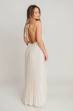 Clearance Worth Collective Maren Pleated Halter Maxi Dress in Cream - Bump Friendly