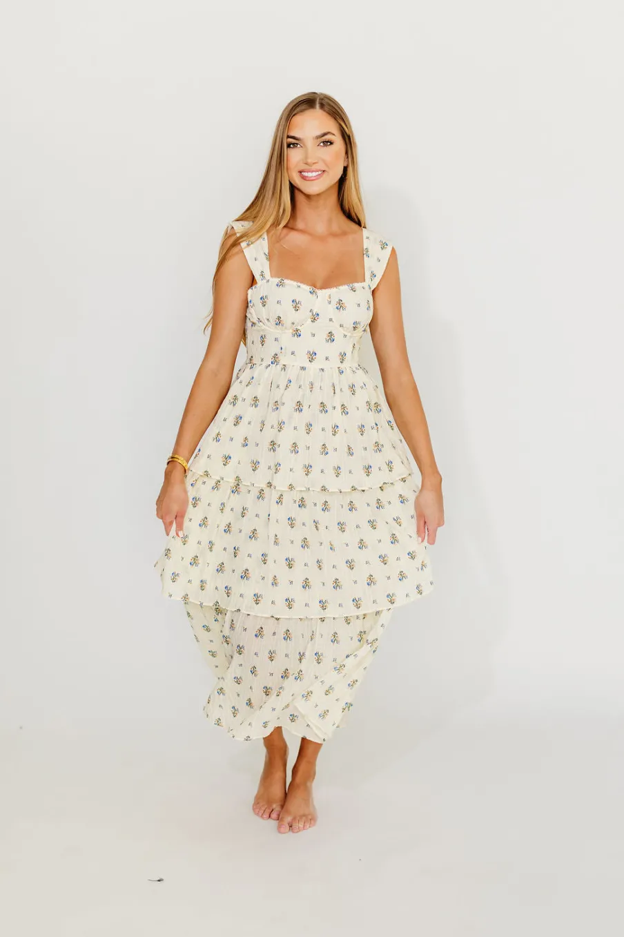 Fashion Worth Collective Marjorie Bustier Ruffle Layered Maxi Dress in Cream/Blue Floral