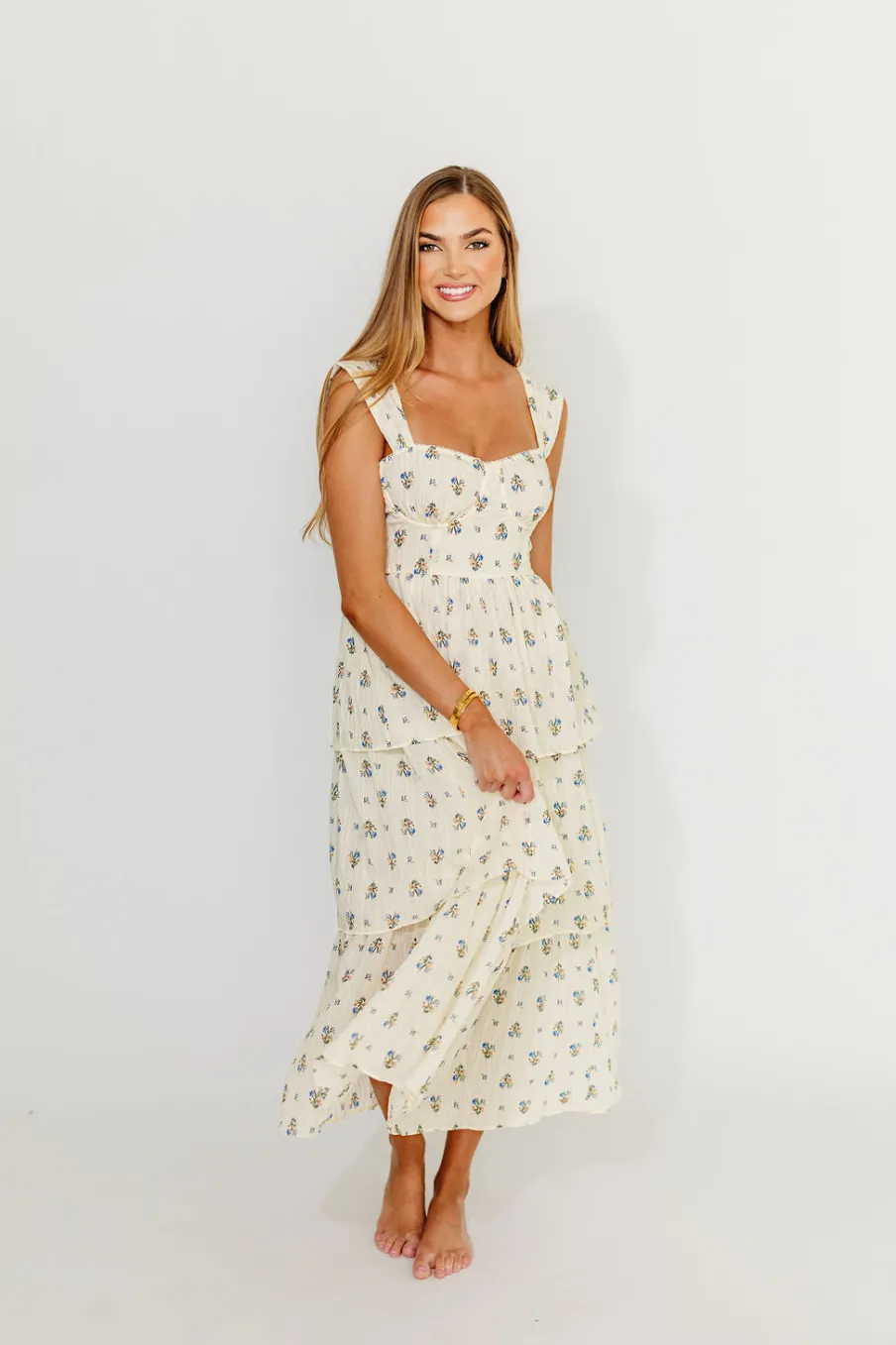 Fashion Worth Collective Marjorie Bustier Ruffle Layered Maxi Dress in Cream/Blue Floral