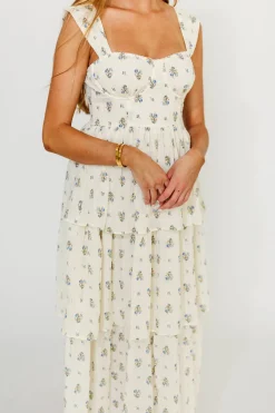 Fashion Worth Collective Marjorie Bustier Ruffle Layered Maxi Dress in Cream/Blue Floral