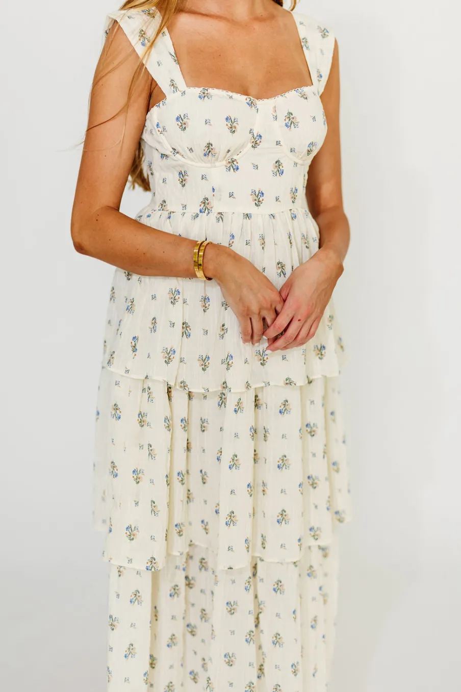 Fashion Worth Collective Marjorie Bustier Ruffle Layered Maxi Dress in Cream/Blue Floral