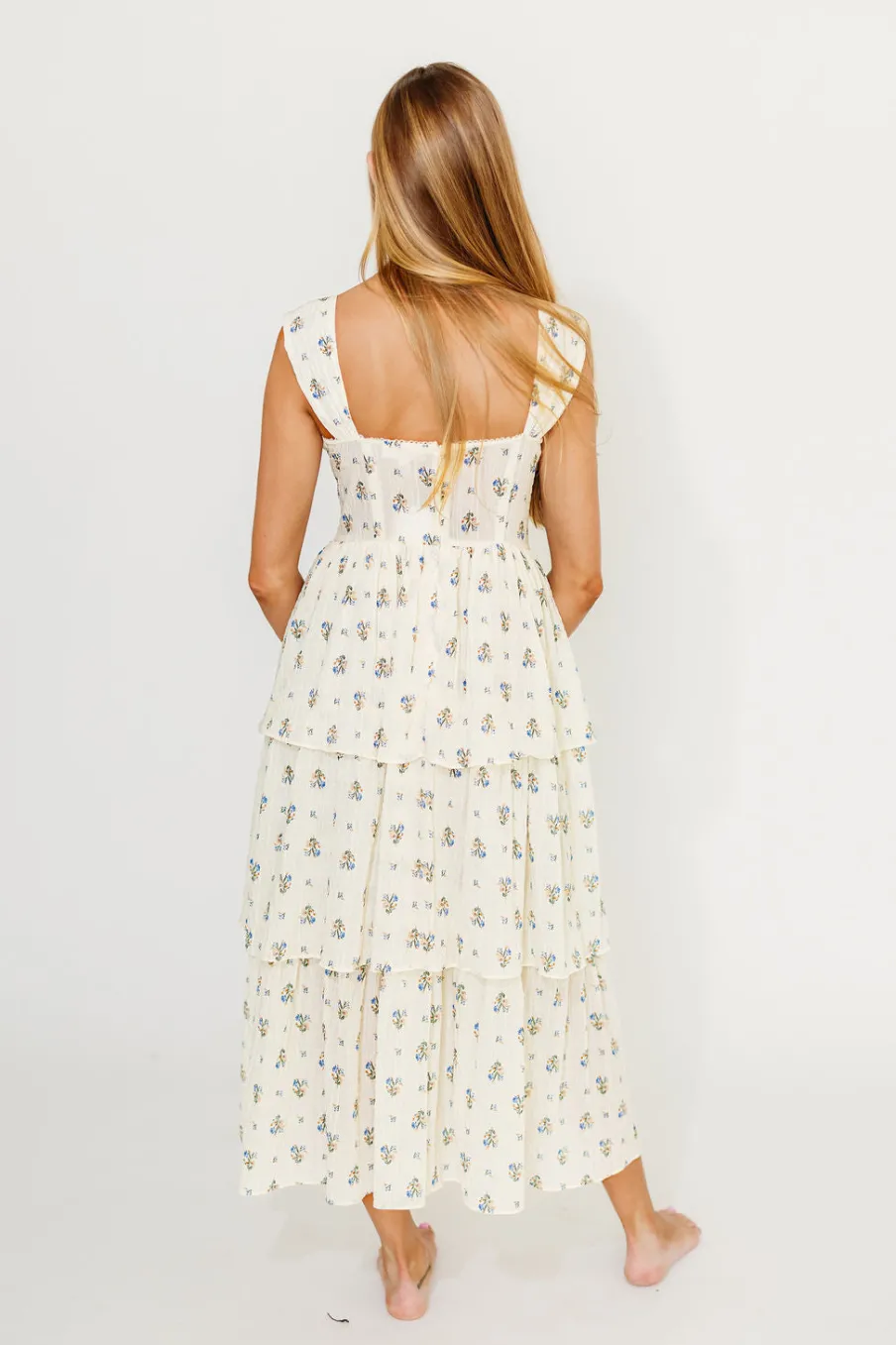 Fashion Worth Collective Marjorie Bustier Ruffle Layered Maxi Dress in Cream/Blue Floral