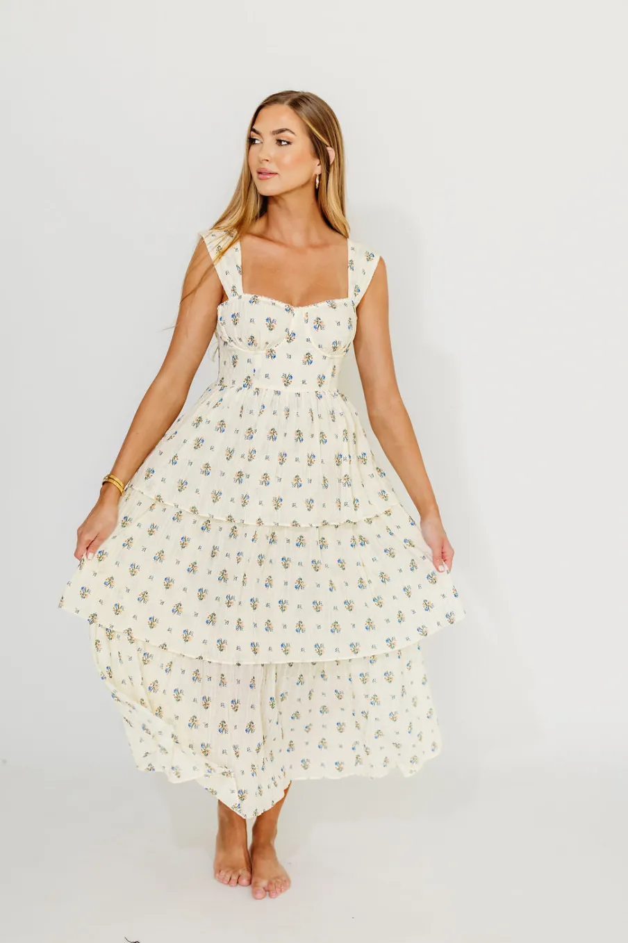 Fashion Worth Collective Marjorie Bustier Ruffle Layered Maxi Dress in Cream/Blue Floral