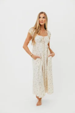 Online Worth Collective Marley 100% Cotton Midi Dress in Ivory/Blue Floral -Bump Friendly