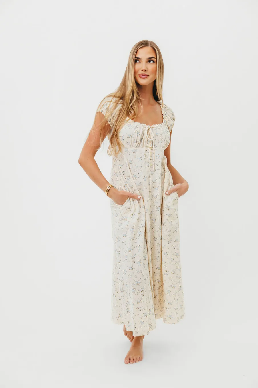 Online Worth Collective Marley 100% Cotton Midi Dress in Ivory/Blue Floral -Bump Friendly