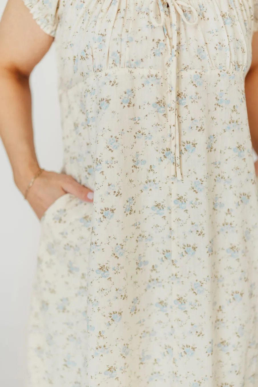 Online Worth Collective Marley 100% Cotton Midi Dress in Ivory/Blue Floral -Bump Friendly