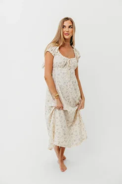 Online Worth Collective Marley 100% Cotton Midi Dress in Ivory/Blue Floral -Bump Friendly