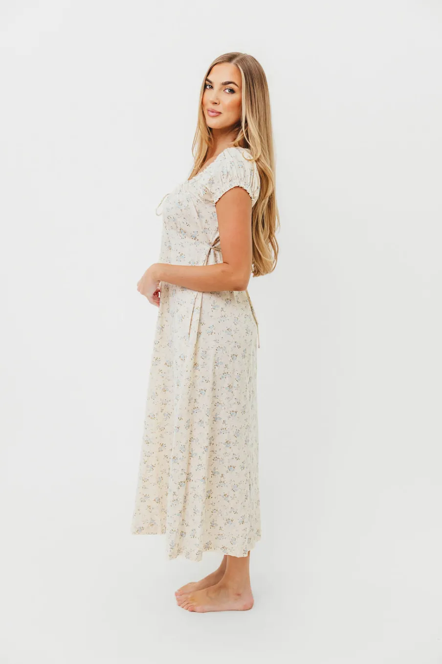 Online Worth Collective Marley 100% Cotton Midi Dress in Ivory/Blue Floral -Bump Friendly