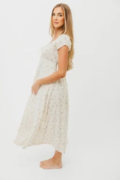 Online Worth Collective Marley 100% Cotton Midi Dress in Ivory/Blue Floral -Bump Friendly
