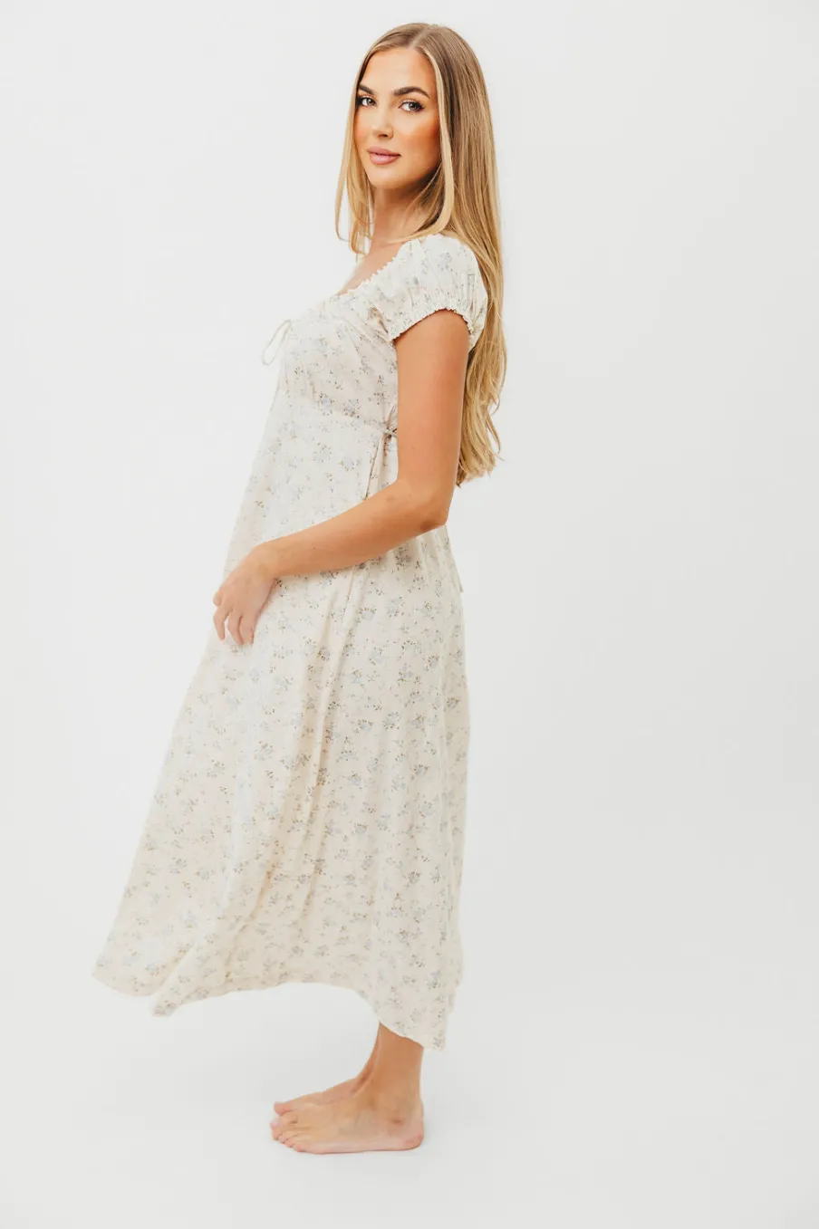 Online Worth Collective Marley 100% Cotton Midi Dress in Ivory/Blue Floral -Bump Friendly