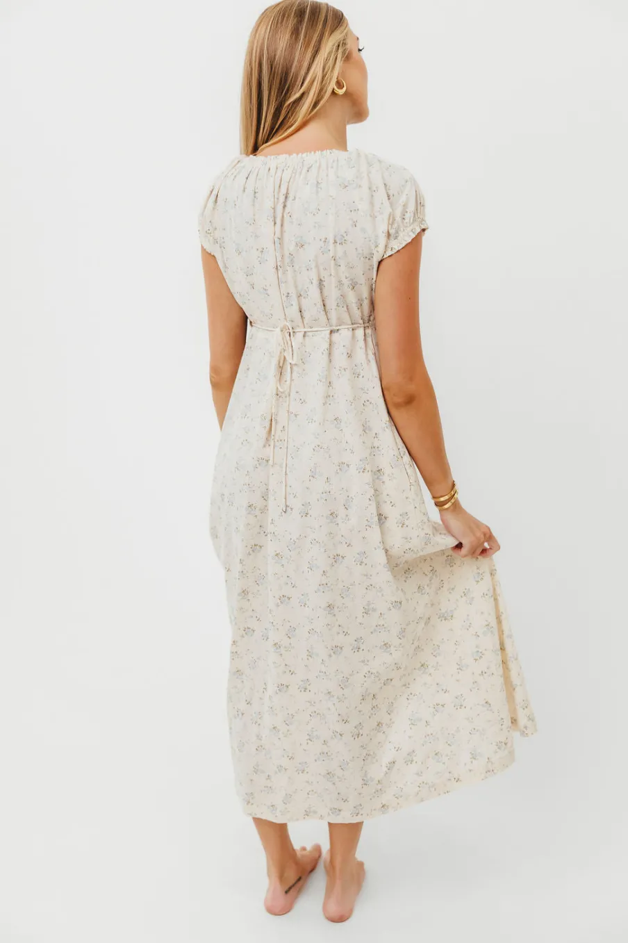 Online Worth Collective Marley 100% Cotton Midi Dress in Ivory/Blue Floral -Bump Friendly