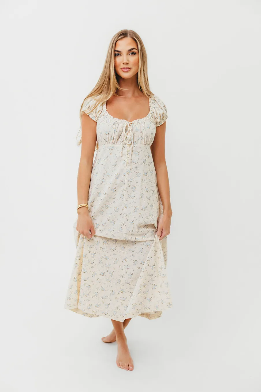 Online Worth Collective Marley 100% Cotton Midi Dress in Ivory/Blue Floral -Bump Friendly