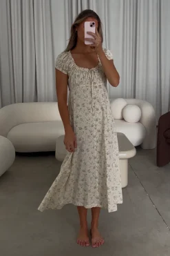 Online Worth Collective Marley 100% Cotton Midi Dress in Ivory/Blue Floral -Bump Friendly