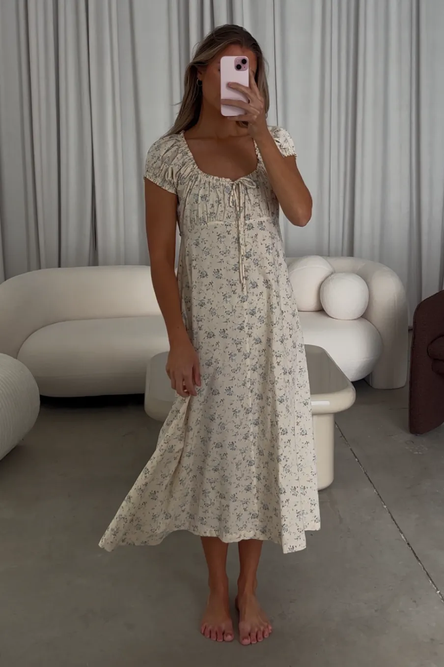 Online Worth Collective Marley 100% Cotton Midi Dress in Ivory/Blue Floral -Bump Friendly